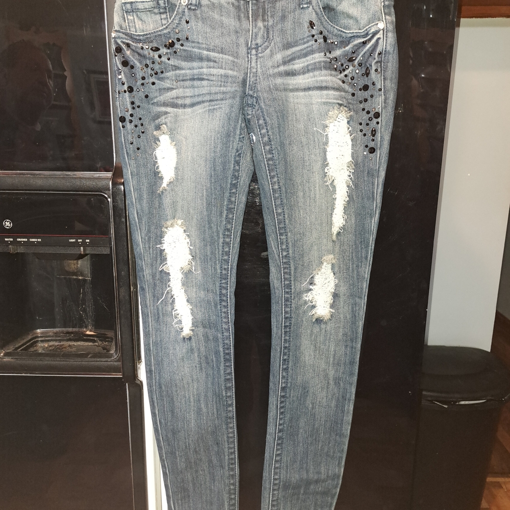BONGO Women's Distressed Blue Skinny Jeans with Black Accents